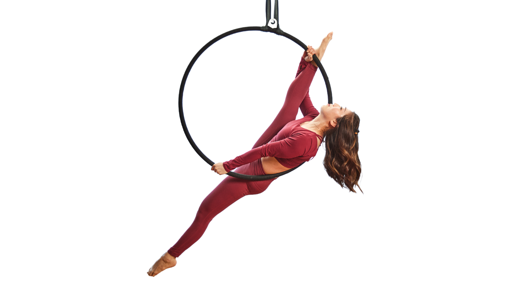Aerial Hoop - A Class that uses a circular steel like hulahoop hanging from the ceiling to perform aerial acrobatics tricks and flows where it can improve your strength, flexibility, and grace. - Available in all FITsy Studios